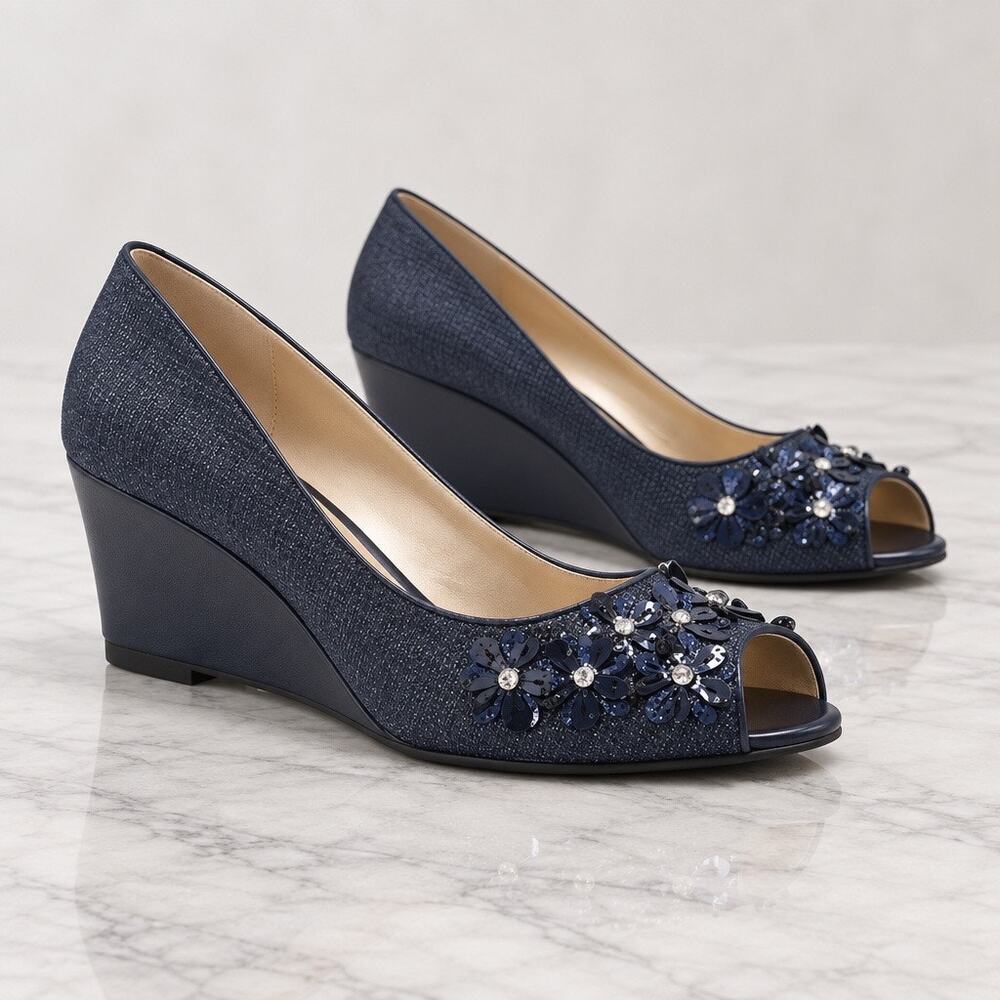 Kendra Scott Navy Shimmer Wedge Pumps Floral Rhinestone Open Toe Shoes Size 10.5